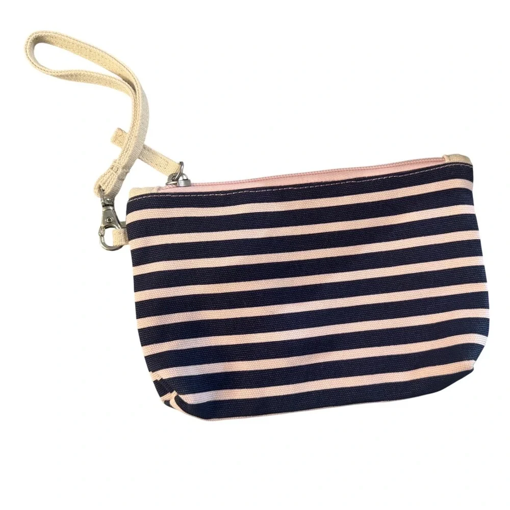 Polo Ralph Lauren Canvas Striped Wristlet Pouch Navy Pink Pony Logo Clutch
